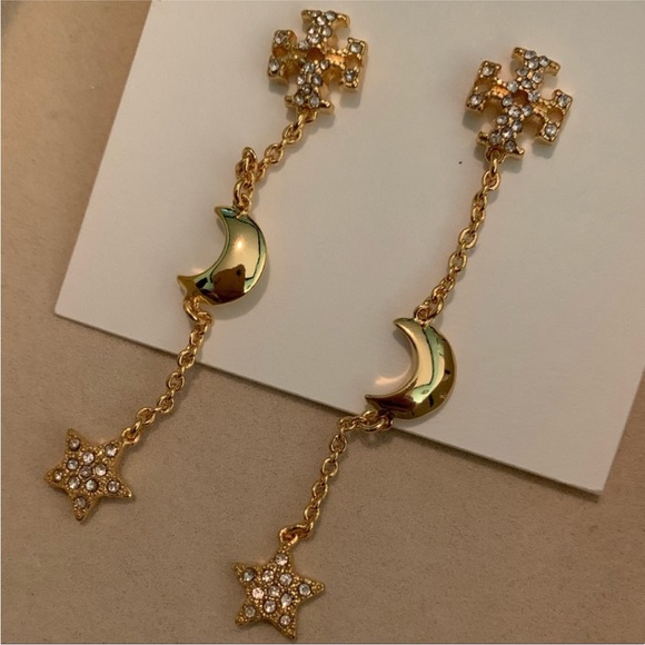 Tory Burch Kira crystal pave star & moon long drop earrings - Picture 3 of 8